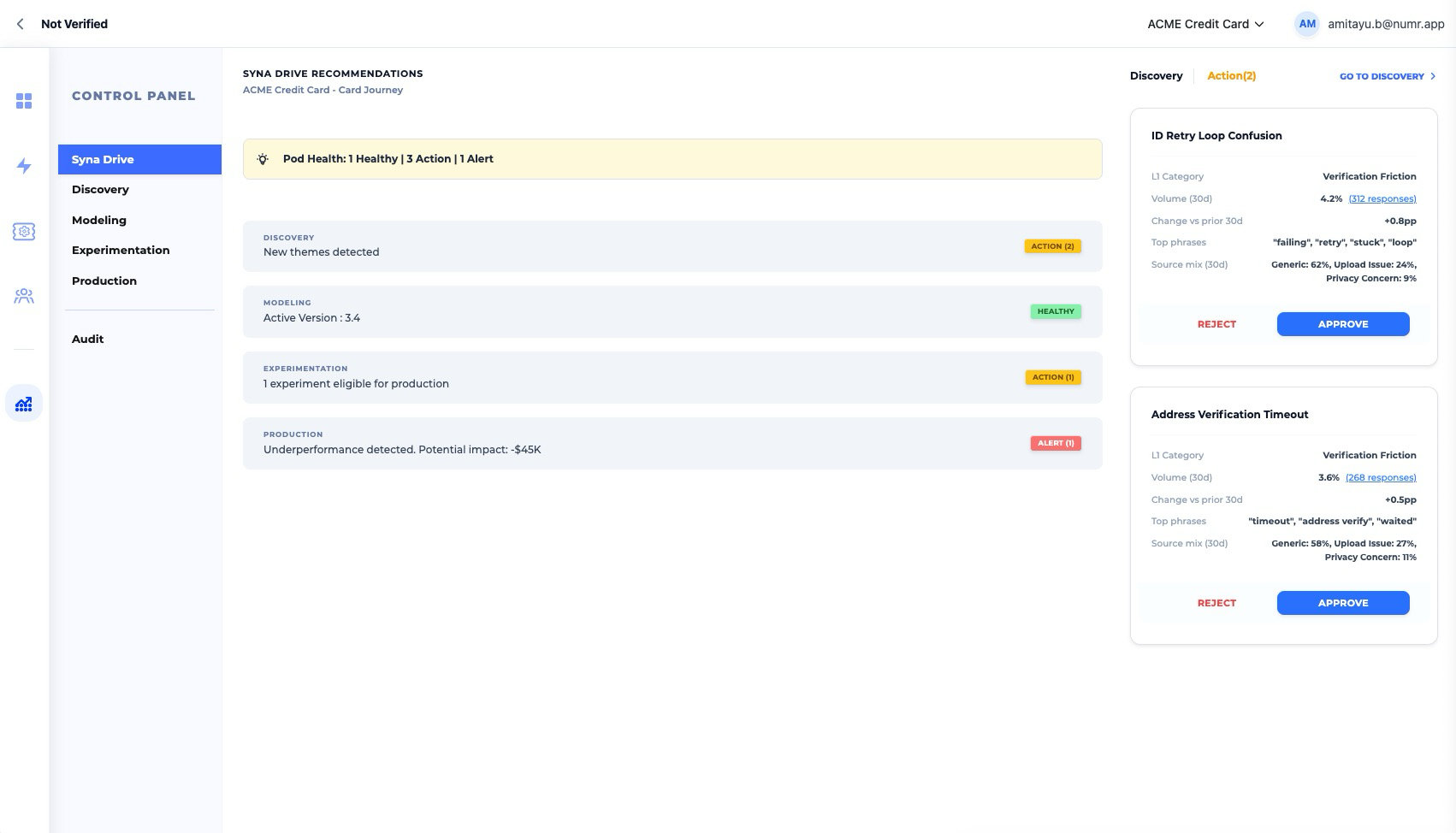 Syna Drive approval screen: pod health, discovery, modeling, experimentation and production status with approve and reject recommendation cards