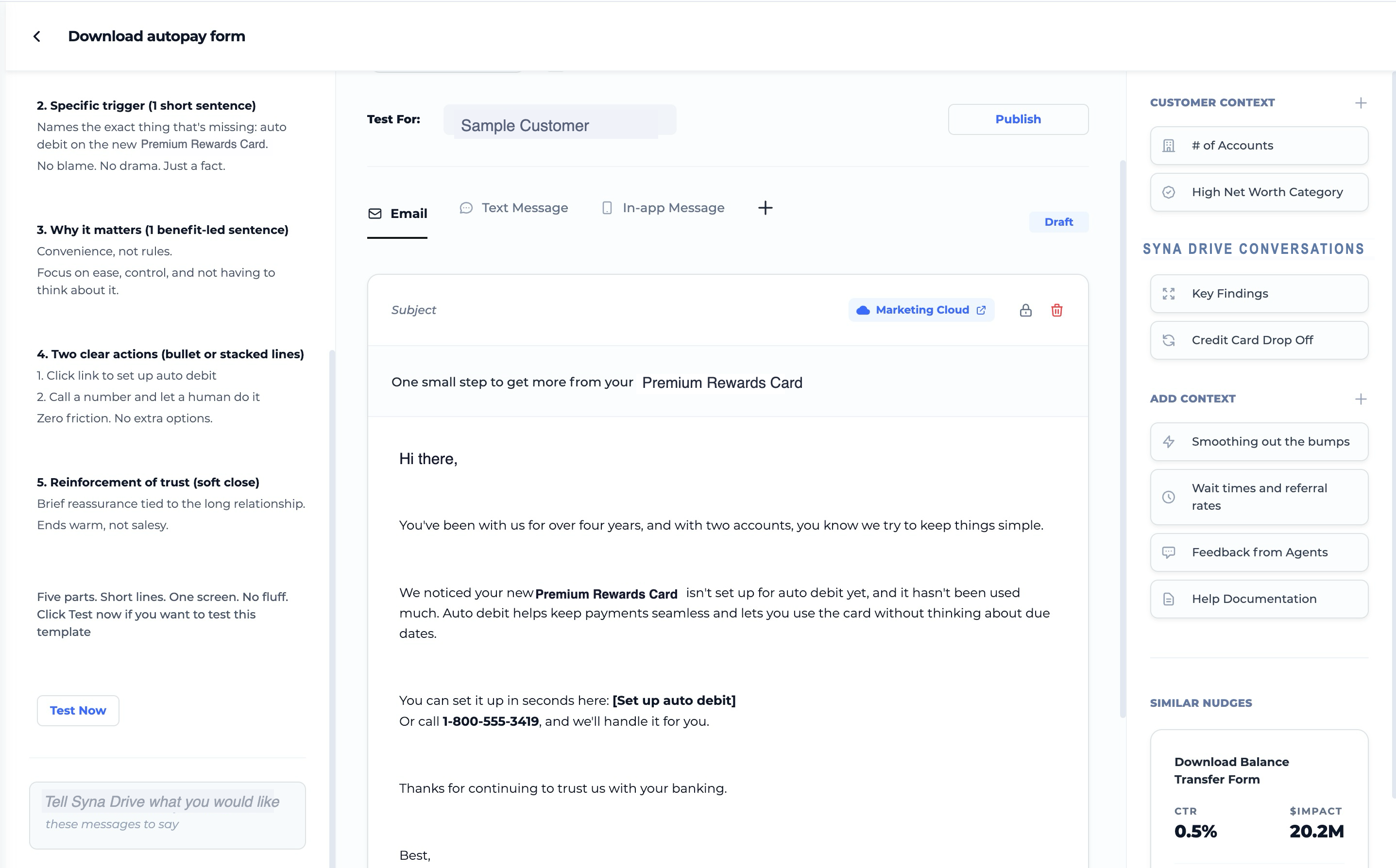 Numr PXI Message Wizard: the approved five-part message skeleton, the composed email, and the customer context panel